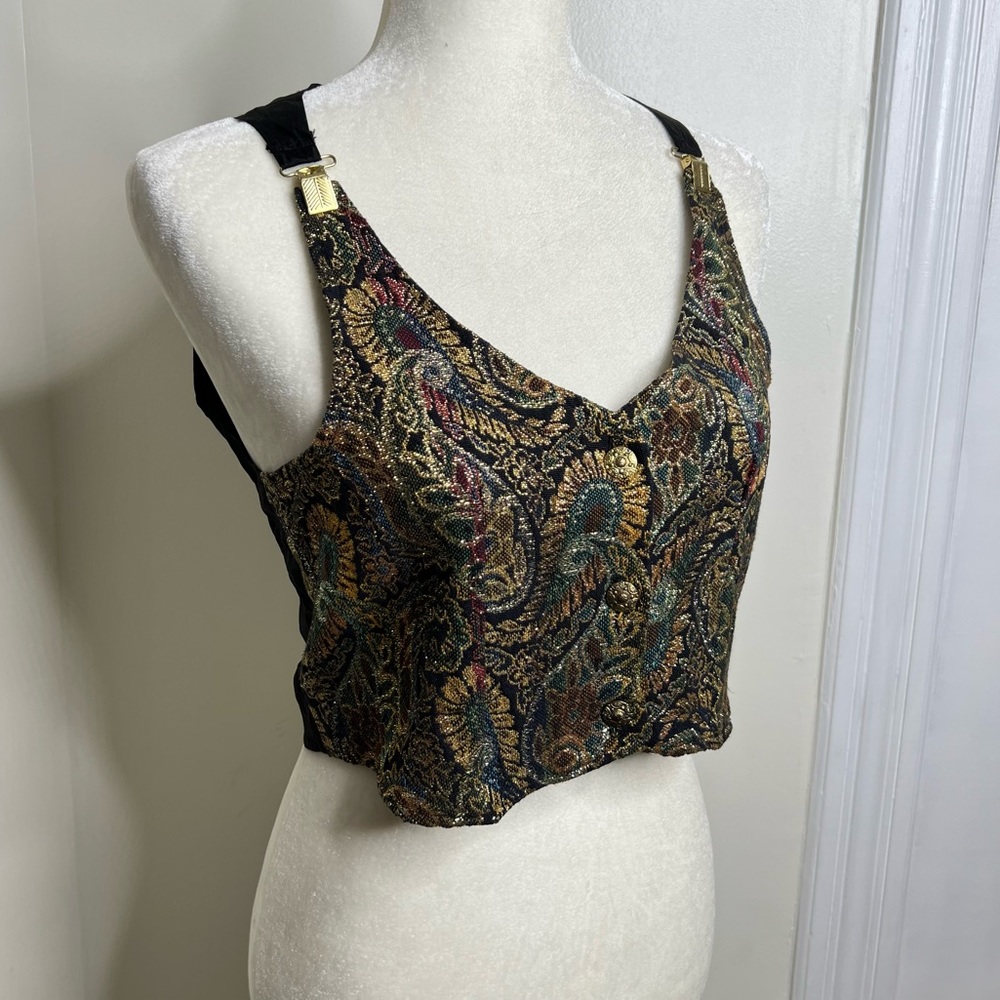 Vintage Brocade Paisley Crop Top in Black with Gold & Teal Accents